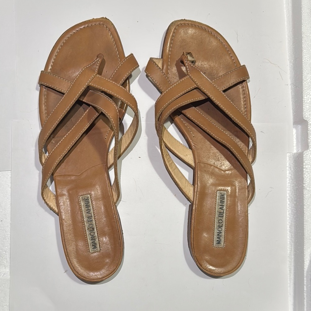 Manolo Blanic Brown Leather Sandals with Strappy Design size 40